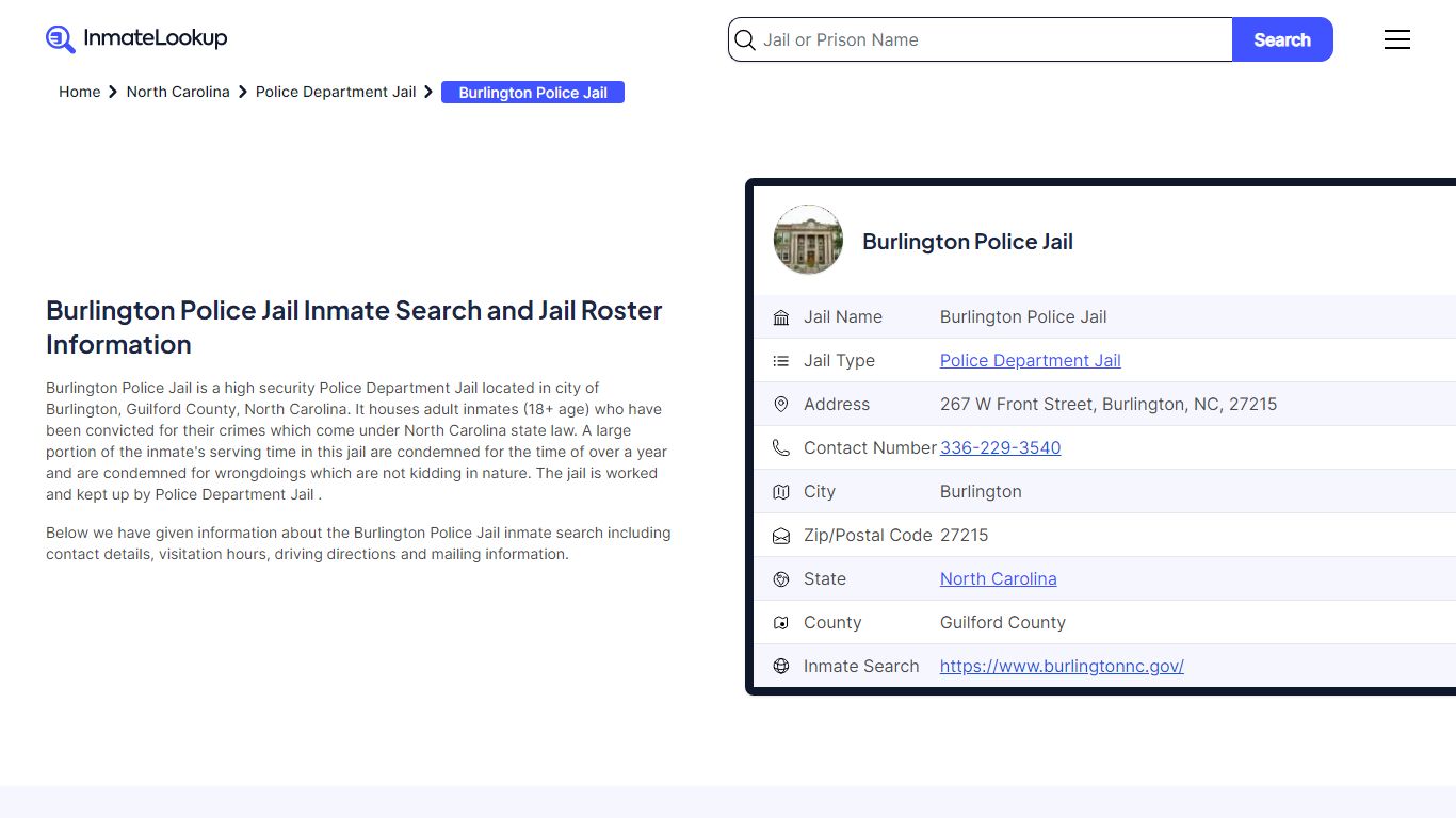 Burlington Police Jail Inmate Search and Jail Roster Information